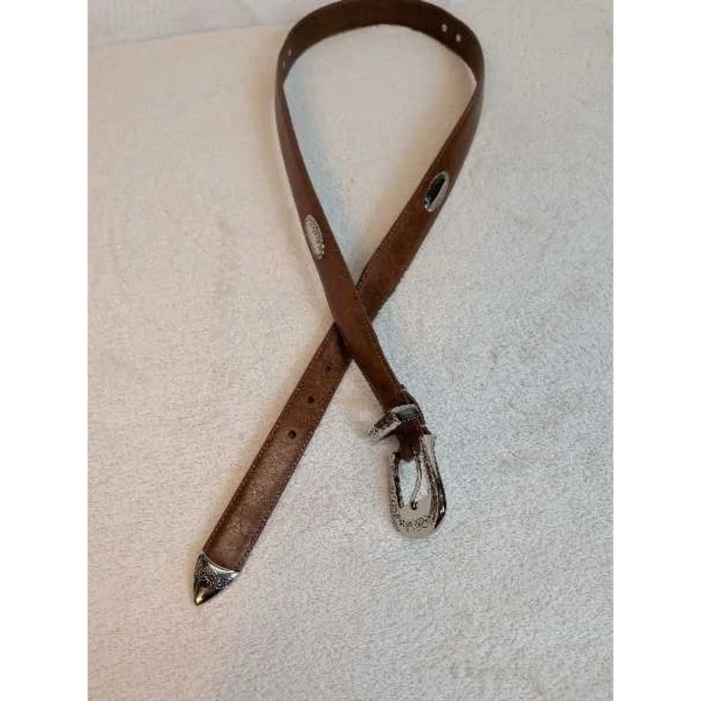 Western Style Leather Belt Silver Buckle & Conchos Brown Size 40